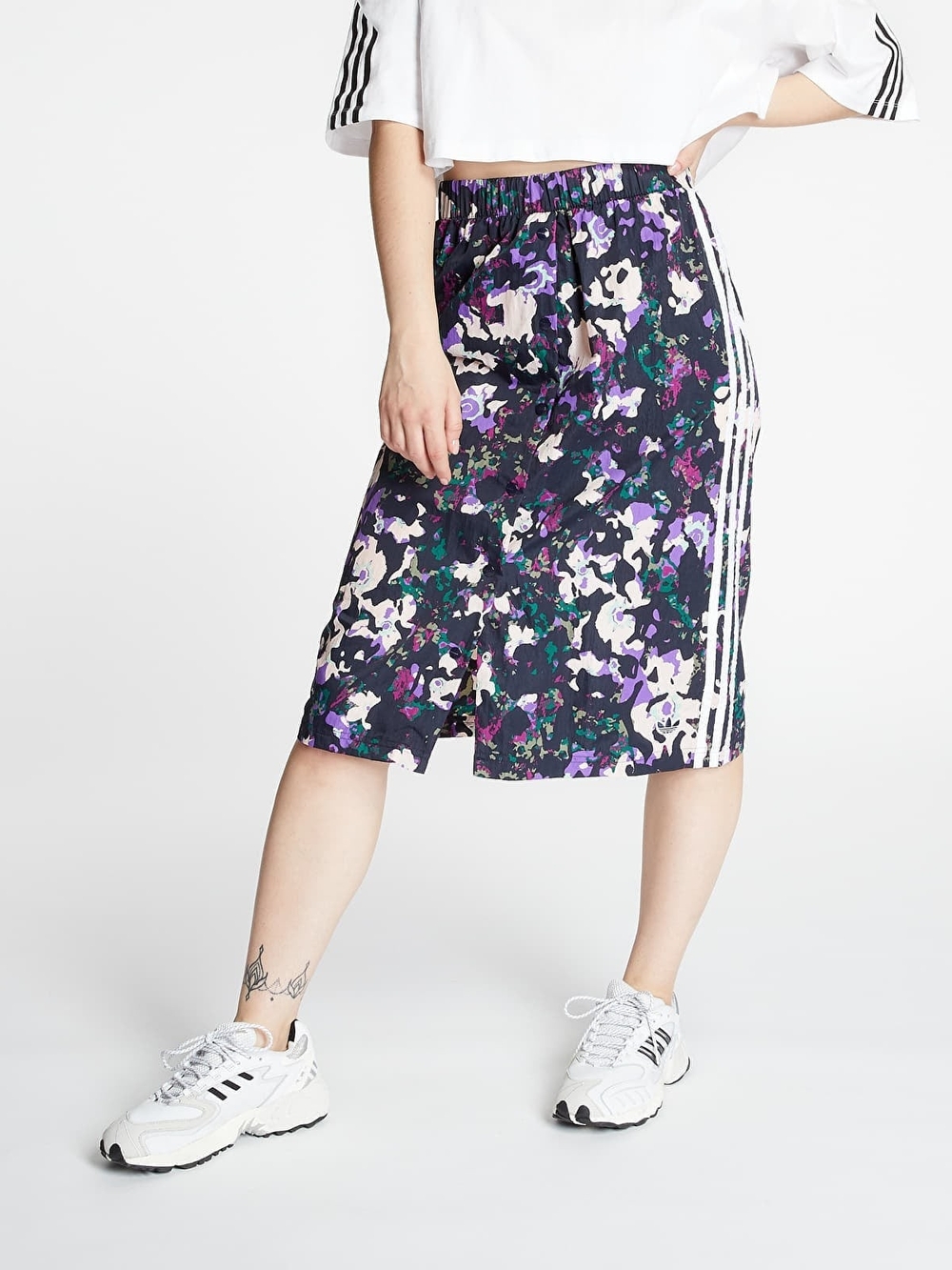 Adidas Purple Floral Midi Skirt with Side Stripes